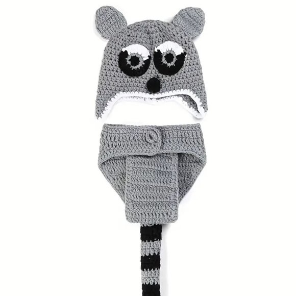 Raccoon Baby Outfit 2pc Crocheted Knitted Photo Shoot Tail Animal Photography - Picture 2 of 2